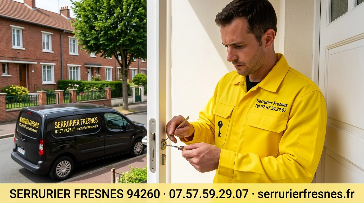 Serrurier Fresnes 94260 en intervention avec bannière coordonnées